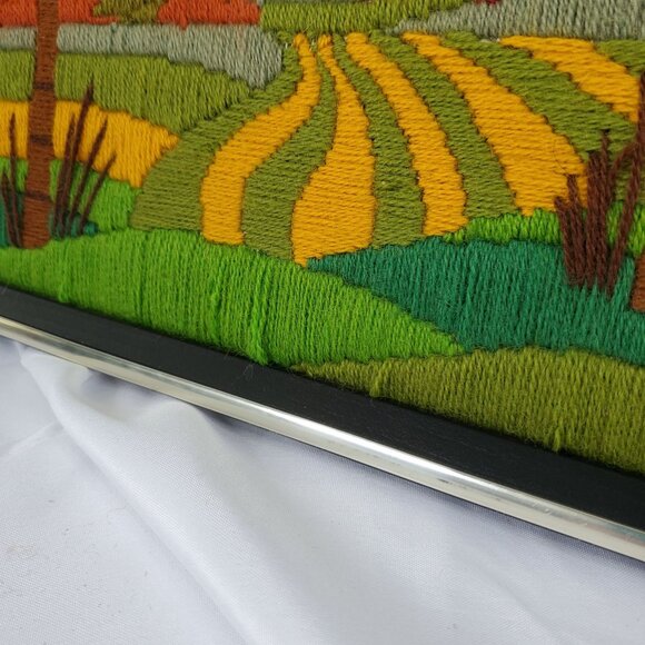 VTG 1970's Crewel Country Autumn Fall farm Scene Picture Framed Art 17”X13” - Picture 4 of 12